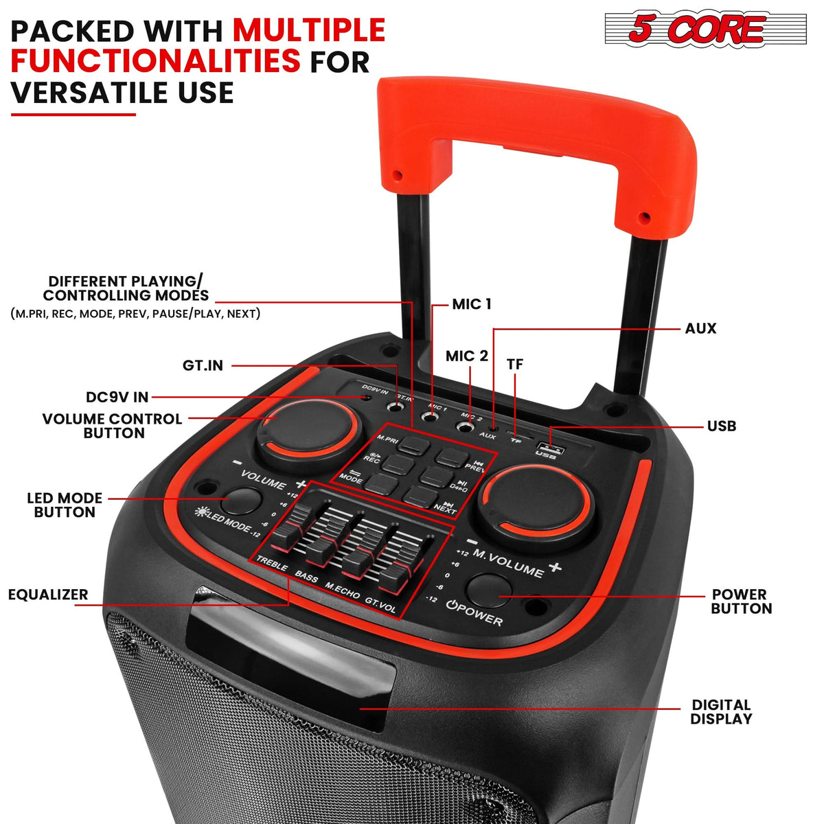 5Core Bluetooth Party Speaker 10 inch PA RGB Partybox Karaoke Machine + 2 Wireless Mic
